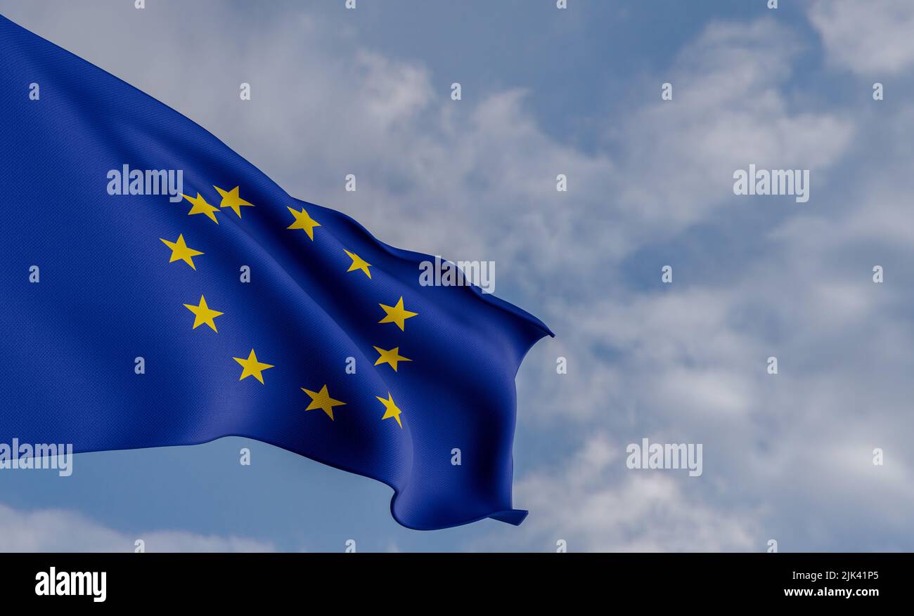 National flag Europe, EU flag, fabric flag Europe, blue sky background