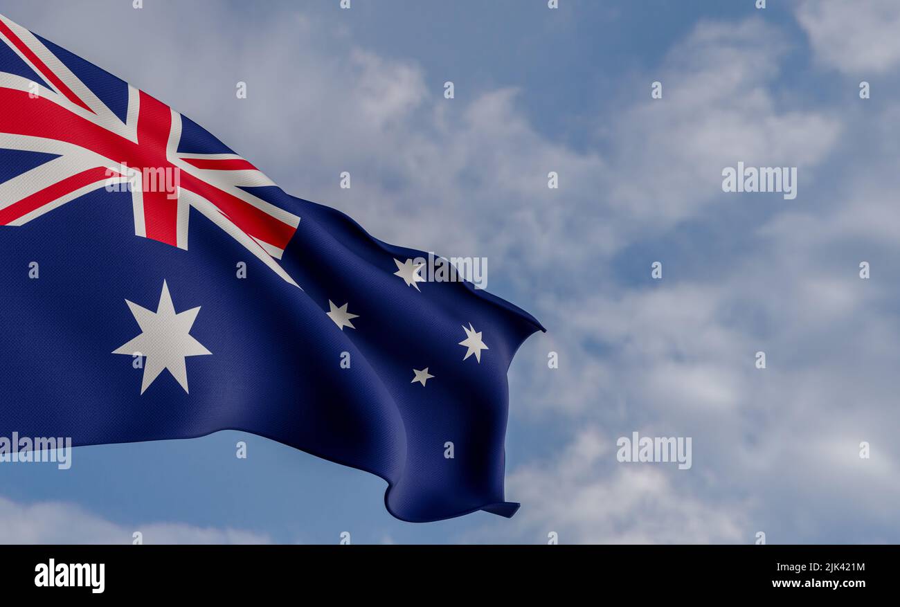 National flag Australia, Australia flag, fabric flag Australia, blue sky background with Australia flag, 3D work and 3D image Stock Photo