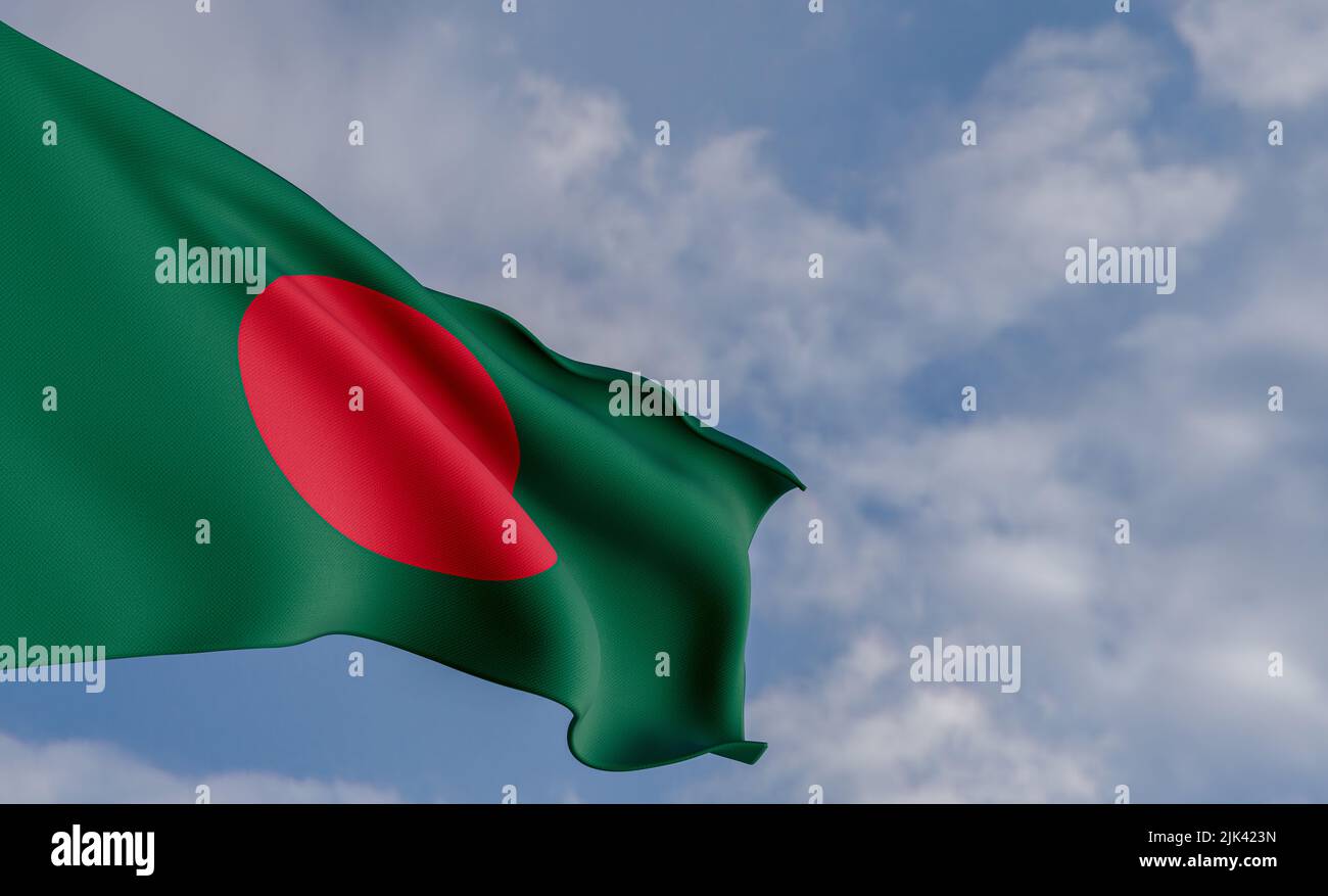 National flag Bangladesh, Bangladesh flag, fabric flag Bangladesh, blue sky background with Bangladesh flag, 3D work and 3D image Stock Photo