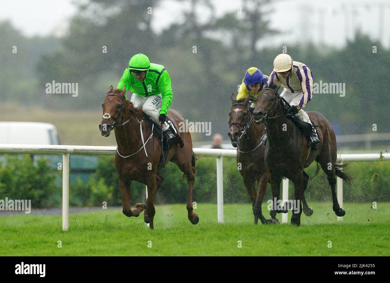 Pandora Lovegood and Gary Carroll (left) coming home to win the Gra Chocolates Irish EBF Nursery Handicap during day six of the Galway Races Summer Festival 2022 at Galway Racecourse in County Galway, Ireland. Picture date: Saturday July 30, 2022. Stock Photo