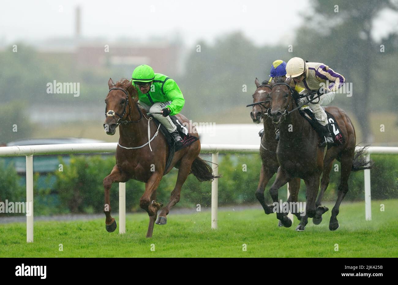 Pandora Lovegood and Gary Carroll (left) coming home to win the Gra Chocolates Irish EBF Nursery Handicap during day six of the Galway Races Summer Festival 2022 at Galway Racecourse in County Galway, Ireland. Picture date: Saturday July 30, 2022. Stock Photo