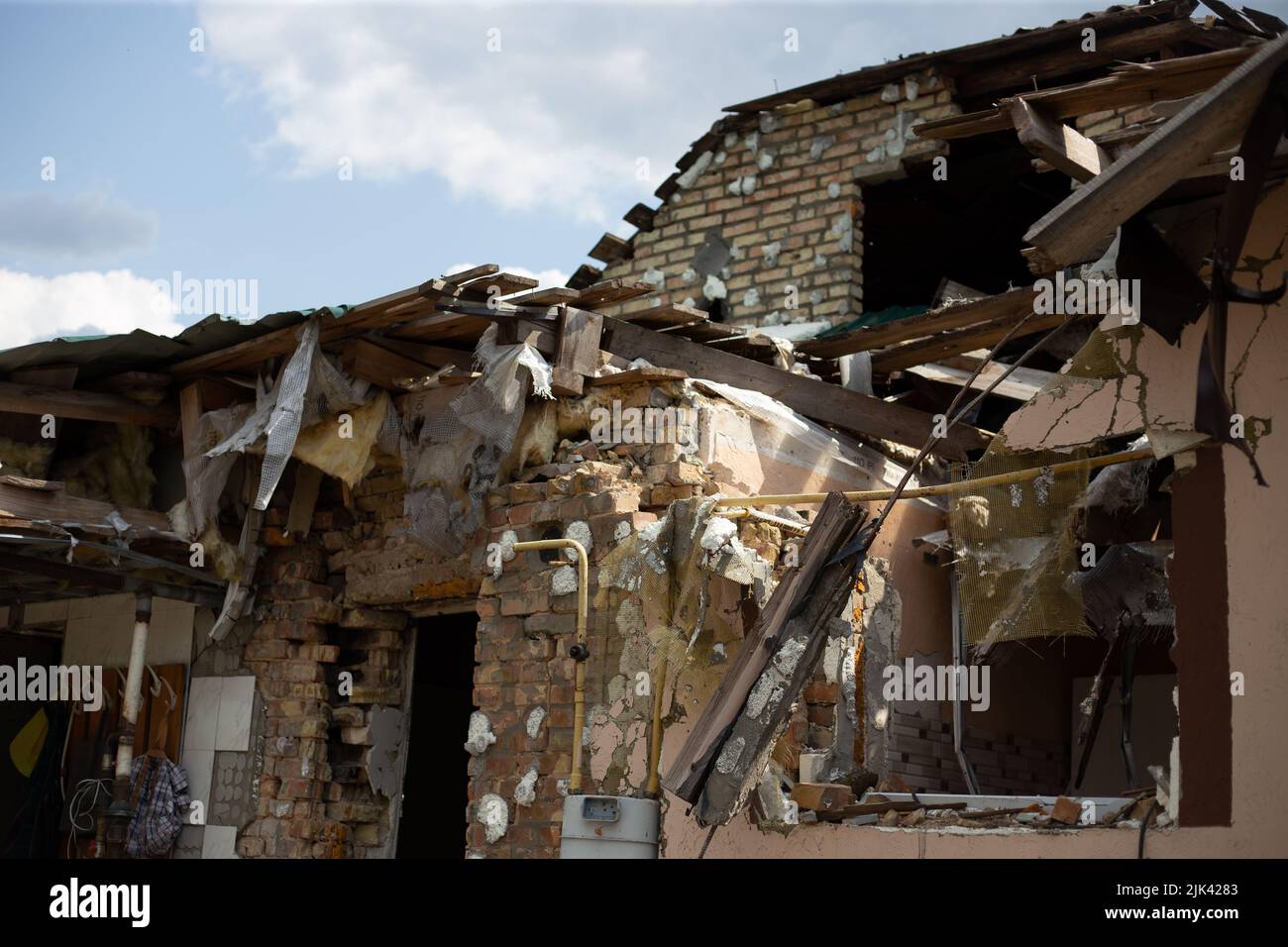 Destroyed houses after fires and artillery and bombs during russia's