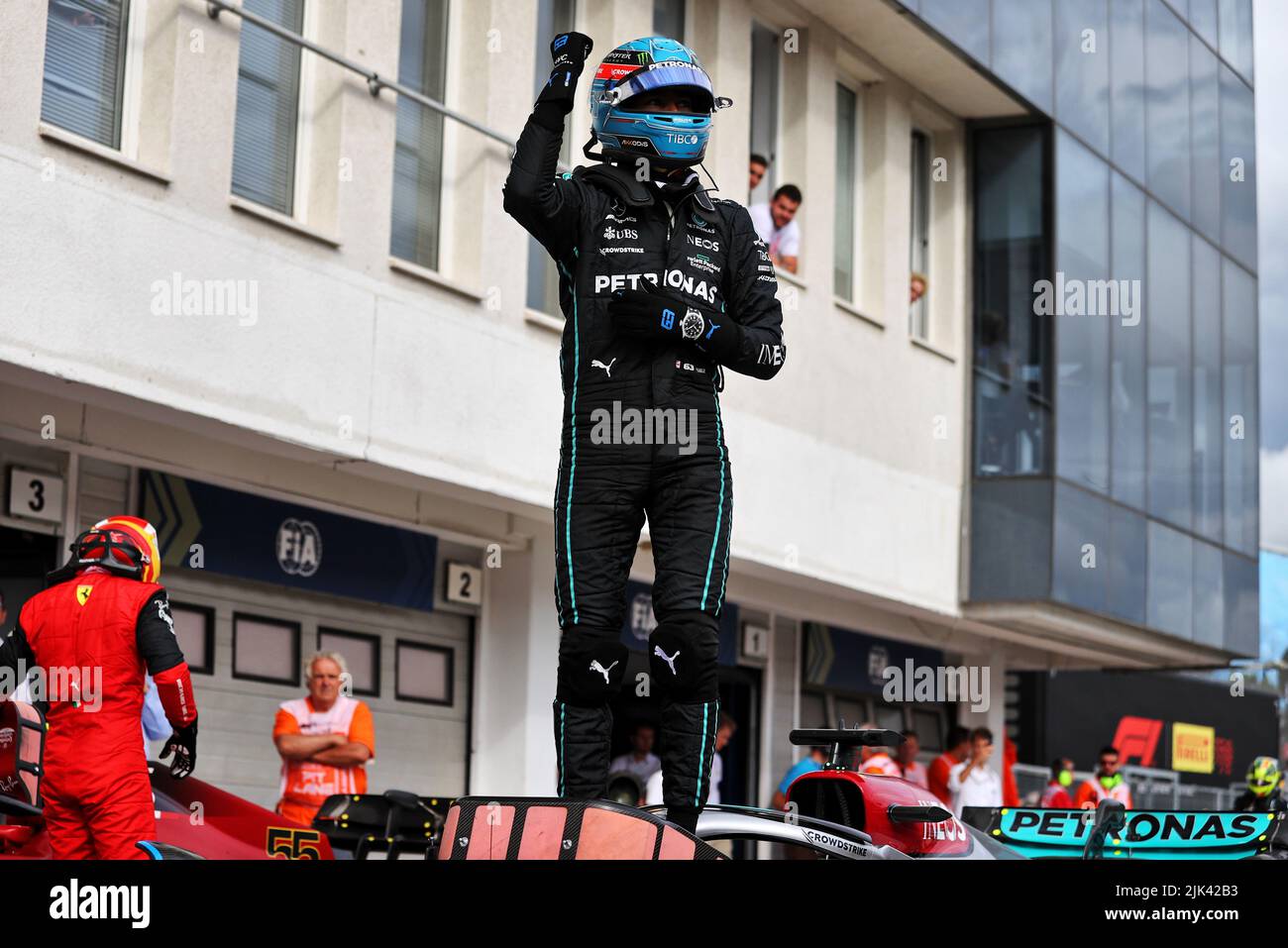 Mogyorod, Hungary. 30th July, 2022. George Russell (GBR) Mercedes AMG F1 celebrates his pole position in qualifying parc ferme. Hungarian Grand Prix, Saturday 30th July 2022. Budapest, Hungary. Credit: James Moy/Alamy Live News Stock Photo