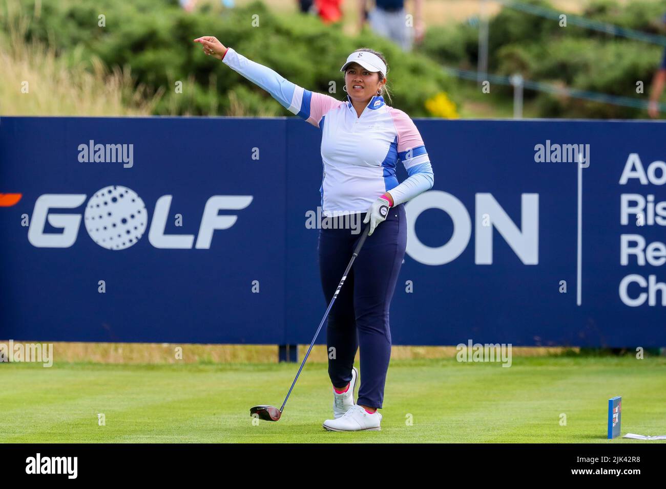 Irvine, UK. 30th July, 2022. The third round of the Trust Golf Women's Scottish Golf took place with 75 players making the cut. Heavy overnight rain from Friday into Saturday made for a softer and more testing course. Lilia Vu teeing off at 13th and pushed the shot right and calling 'Fore'. Credit: Findlay/Alamy Live News Stock Photo