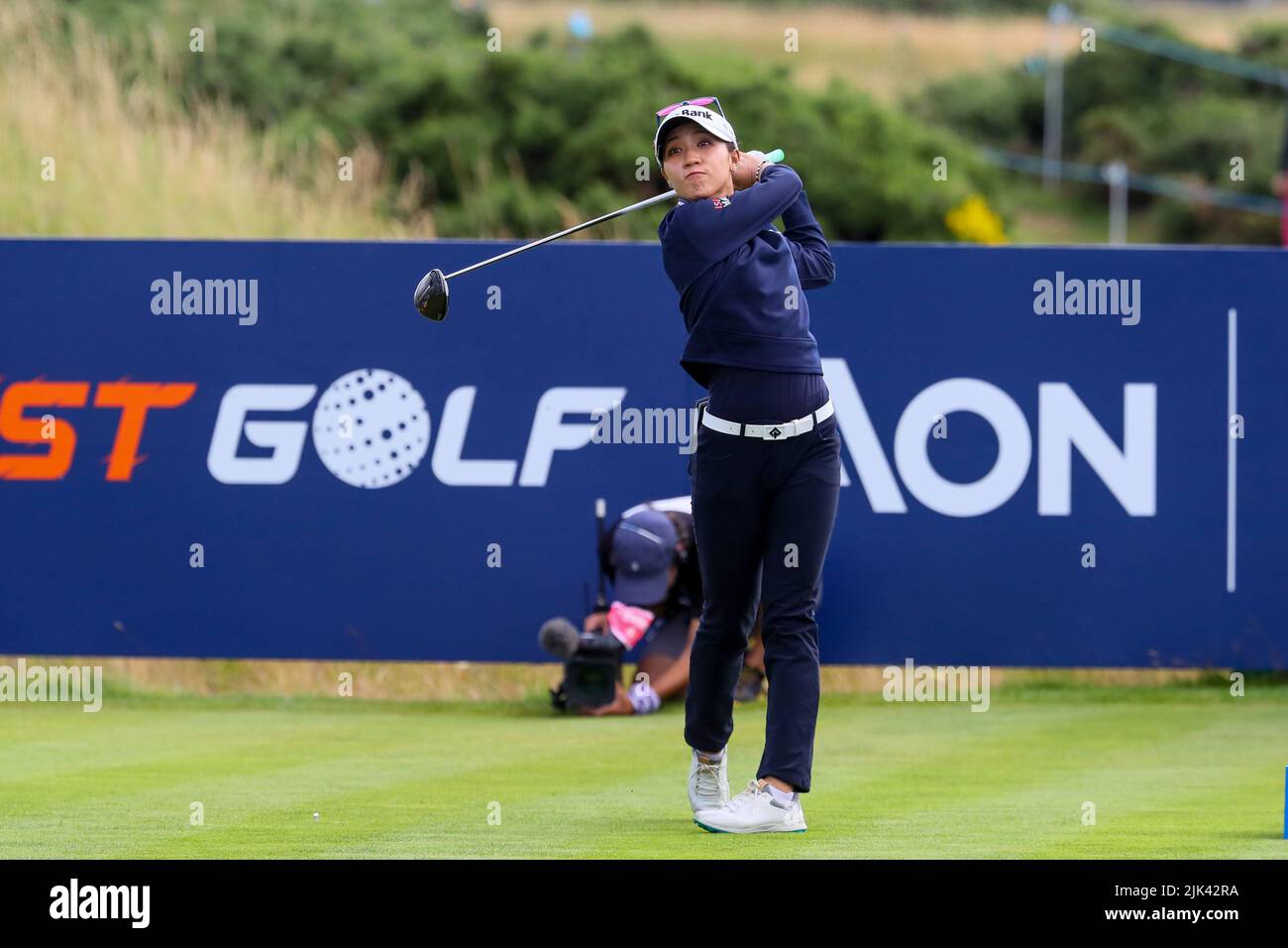Irvine, UK. 30th July, 2022. The third round of the Trust Golf Women's Scottish Golf took place with 75 players making the cut. Heavy overnight rain from Friday into Saturday made for a softer and more testing course. Eun-Hee Ji teeing off. Credit: Findlay/Alamy Live News Stock Photo