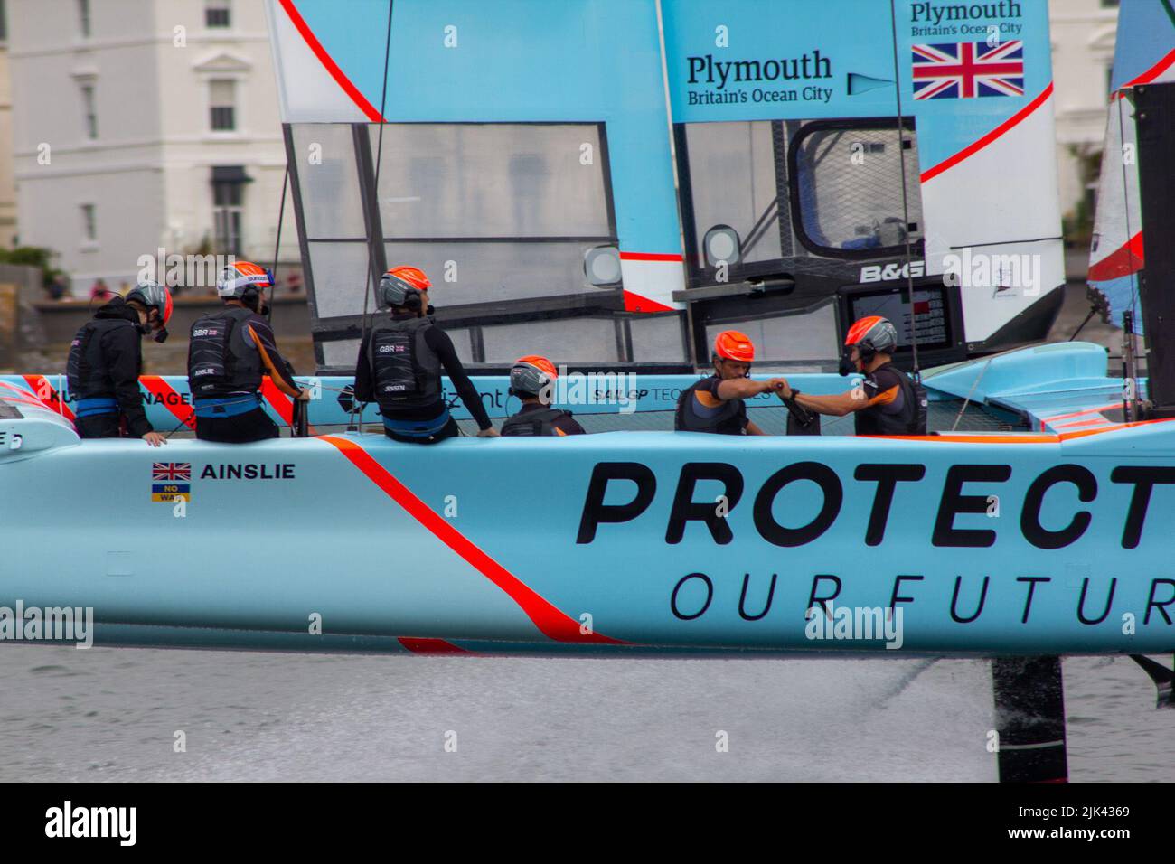SailGP, Plymouth, UK. 30th July, 2022. Day 1 for the Great British Sail Grand Prix, as Britain's Ocean City hosts the third event of Season 3 as the most competitive racing on water. The event returns to Plymouth on 30-31 July. Credit: Julian Kemp/Alamy Live News Stock Photo