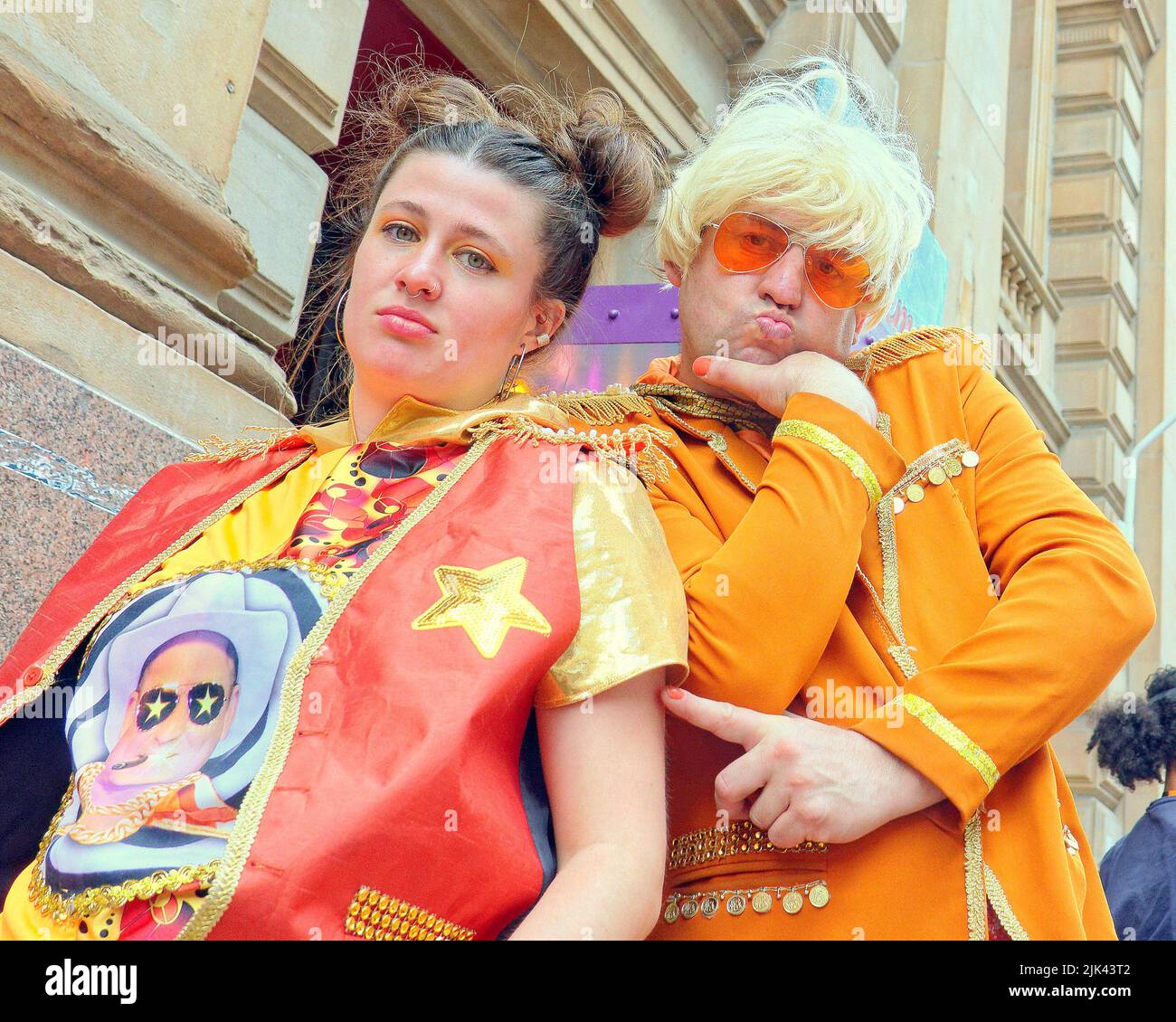 Glasgow, Scotland, UK  July 30th  2022.  Seventies disco mania. UK  Weather: Merchant City Festival Saturday saw a changeable day as performers mixed with tourists and locals amongst the bars and restaurants on Wilson street.Surge presents Club Supreme Installation by Ramshacklicious Credit Gerard Ferry/Alamy Live News Stock Photo