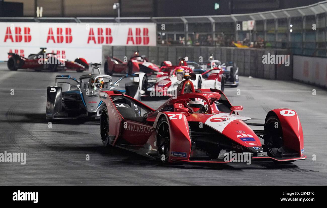 Jake Dennis leads through turn two of the 2022 SABIC London E-Prix at the ExCel Circuit, London. Picture date: Saturday July 30, 2022. Stock Photo