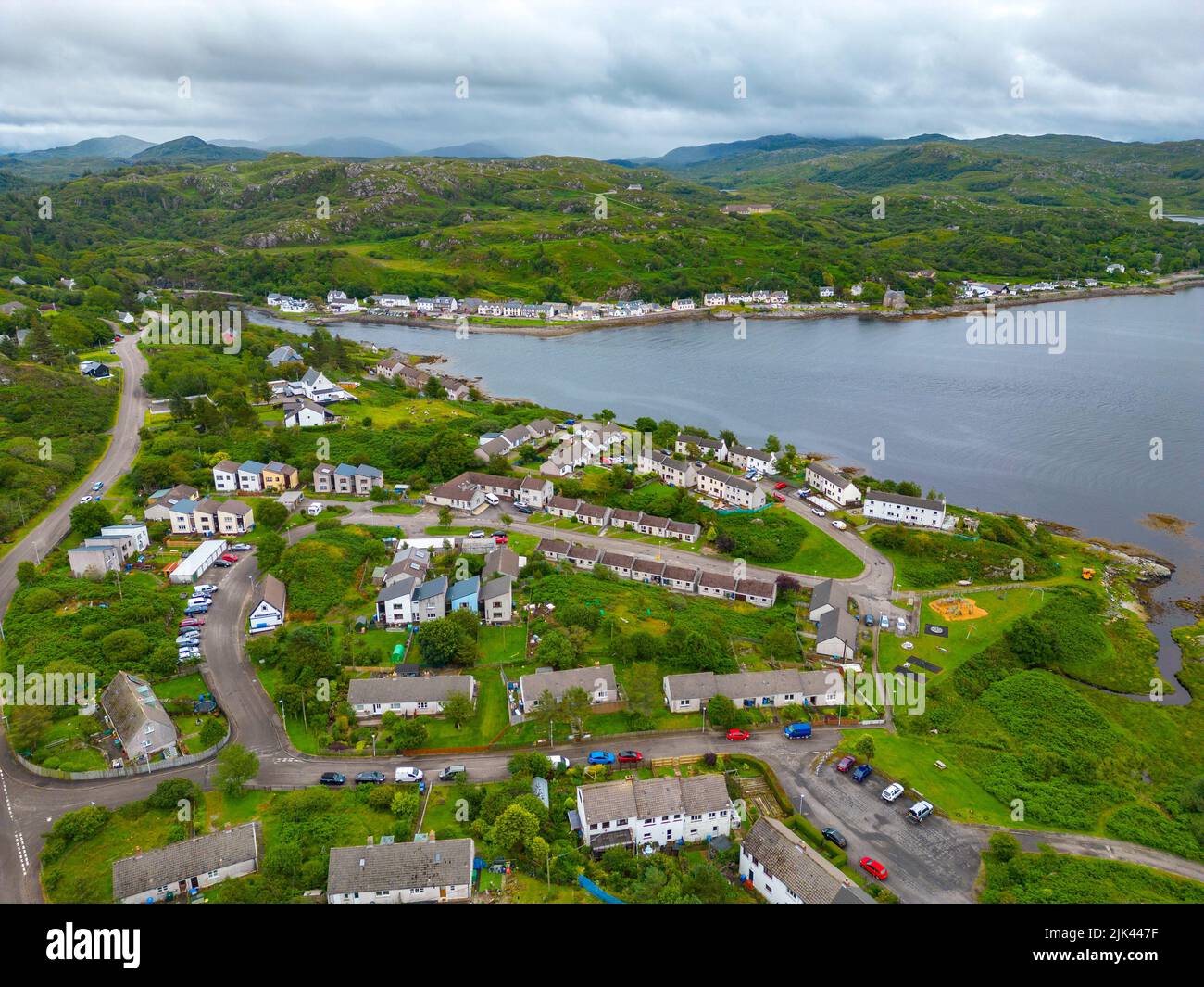 Aerial view of village of Lochinver on North Coast 500 tourist route in