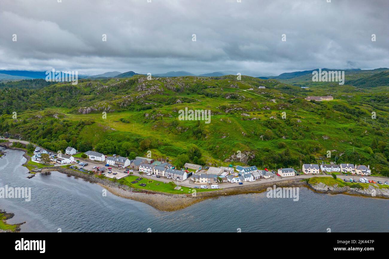 Aerial view of village of Lochinver  on North Coast 500 tourist route in Sutherland, Scotland, UK Stock Photo