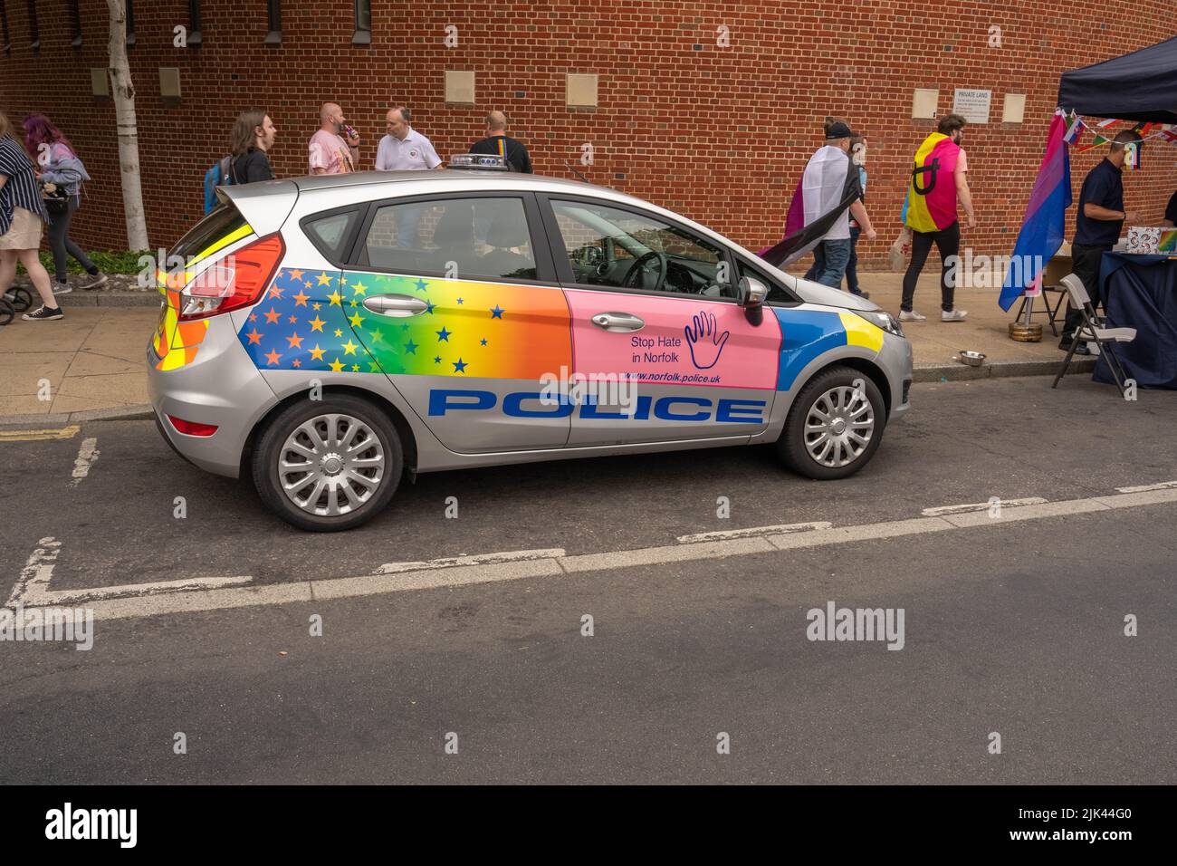 police vehicle decorated with LGBT plus rainbows in Norwich Norfolk Stock Photo