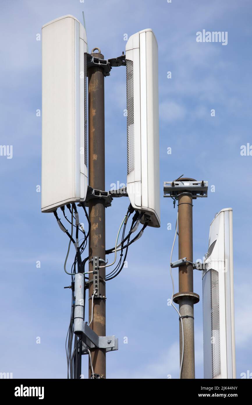 Closeup of mobile phone antenna transmission tower. 4G 5G
