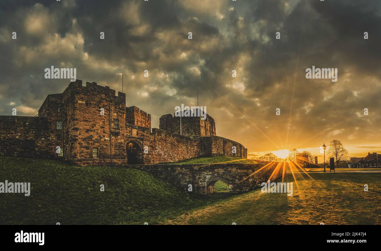 Carlisle Castle view with De Ireby's Tower and The Keep at sunrise. Stock Photo
