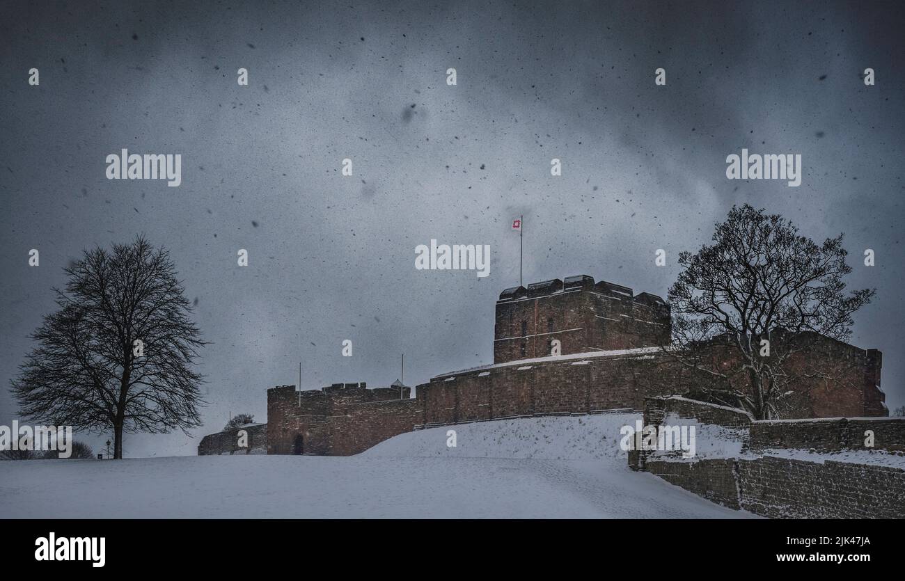 Carlisle Castle view with snow storm during Beast From The East. Stock Photo