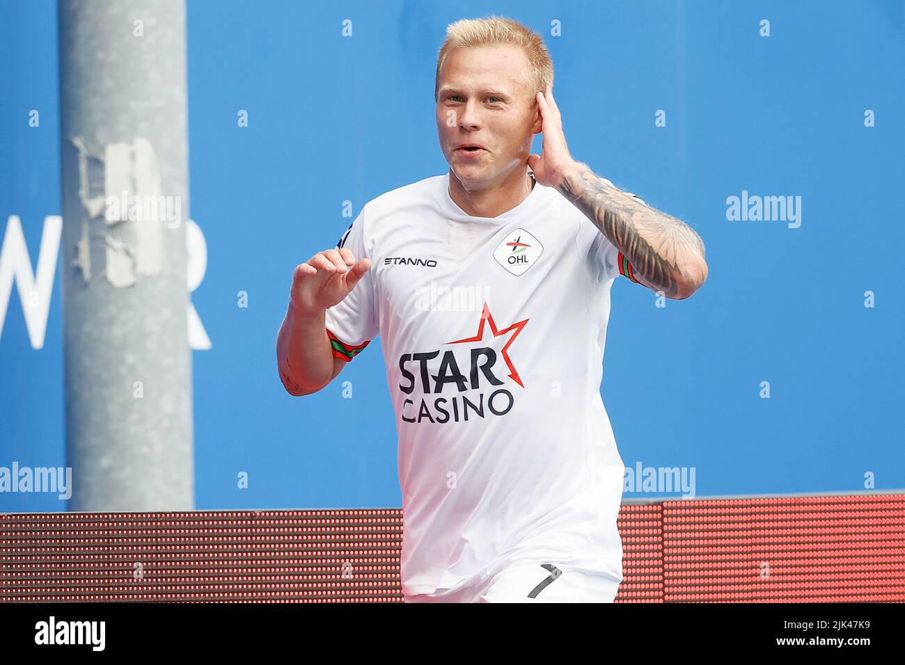 OHL's Jon Thorsteinsson celebrates after scoring during a soccer match