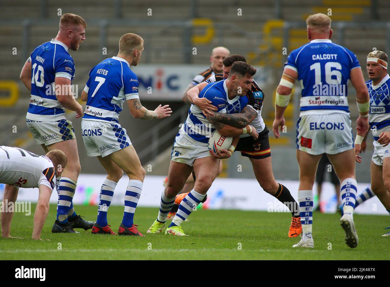 Leeds, UK. 30th July, 2022. *** no way through for Ben Kavanagh of Halifax during the Summer Bash Betfred Championship match between Bradford Bulls and Halifax Panthers at Headingley Stadium, Leeds, UK on 30 July 2022. Photo by Simon Hall. Editorial use only, license required for commercial use. No use in betting, games or a single club/league/player publications. Credit: UK Sports Pics Ltd/Alamy Live News Stock Photo
