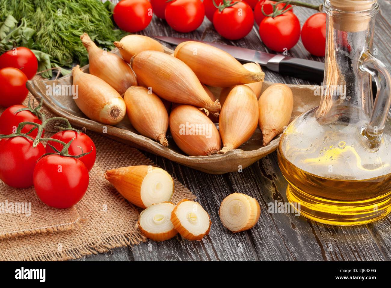 sliced onions group on wood background Stock Photo
