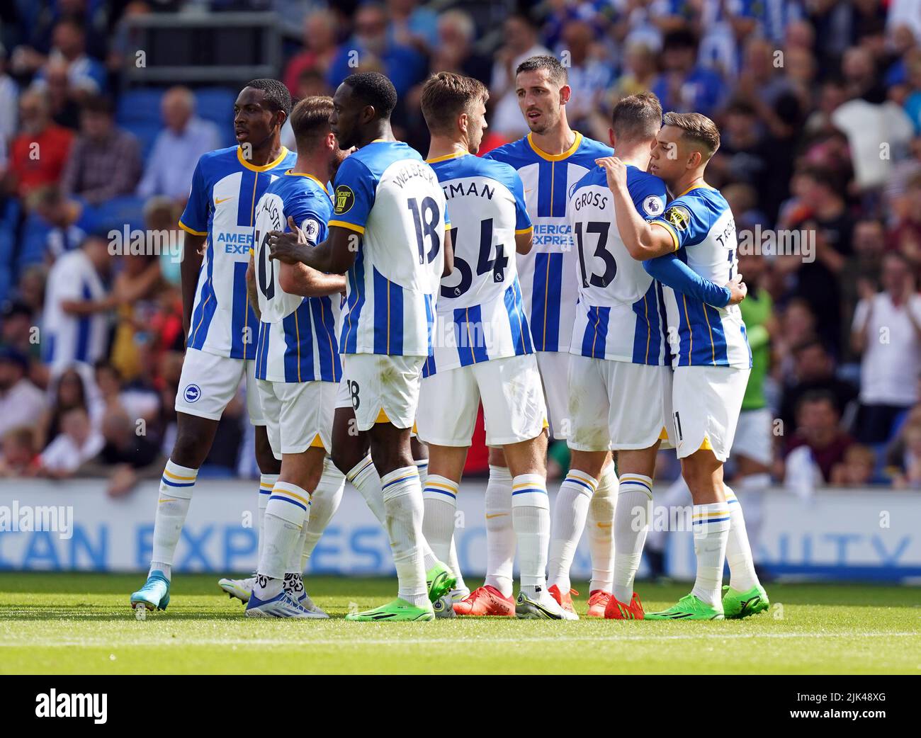 Brighton and Hove Albion's Leandro Trossard (right) celebrates his third goal during the pre-season friendly match at the Amex Stadium, Brighton. Picture date: Saturday July 30, 2022. Stock Photo