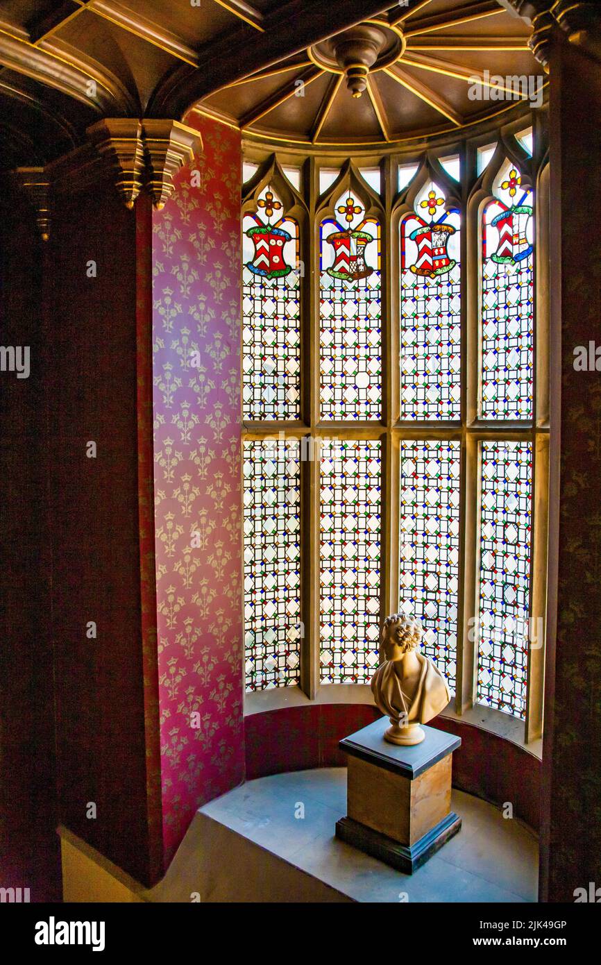 Grand staircase bay window and bust of George Gordon Lord Byron at Newstead Abbey Nottinghamshire Stock Photo