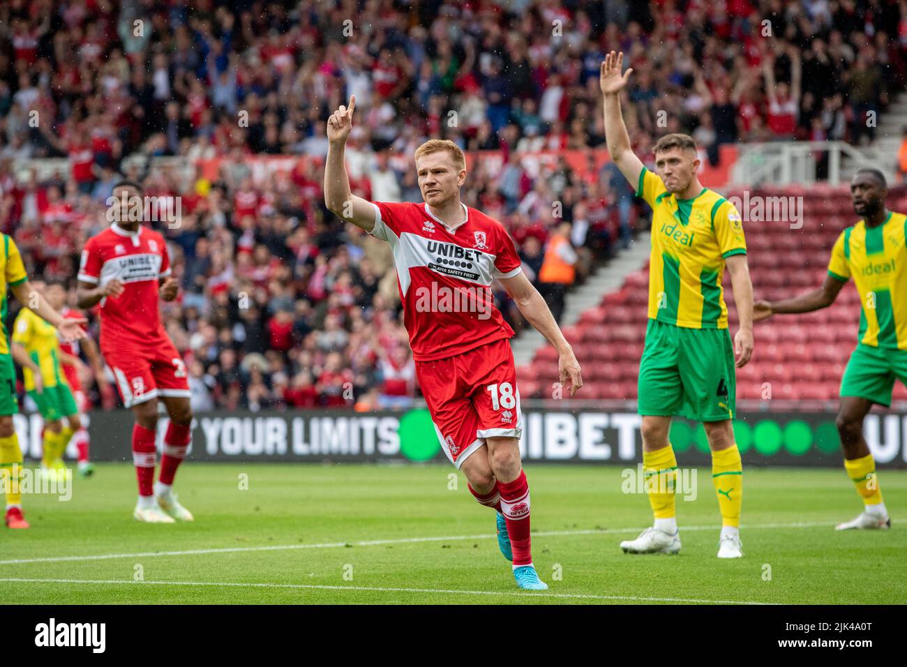Duncan Watmore #18 of Middlesbrough protests his disallowed goal to the linesman Stock Photo