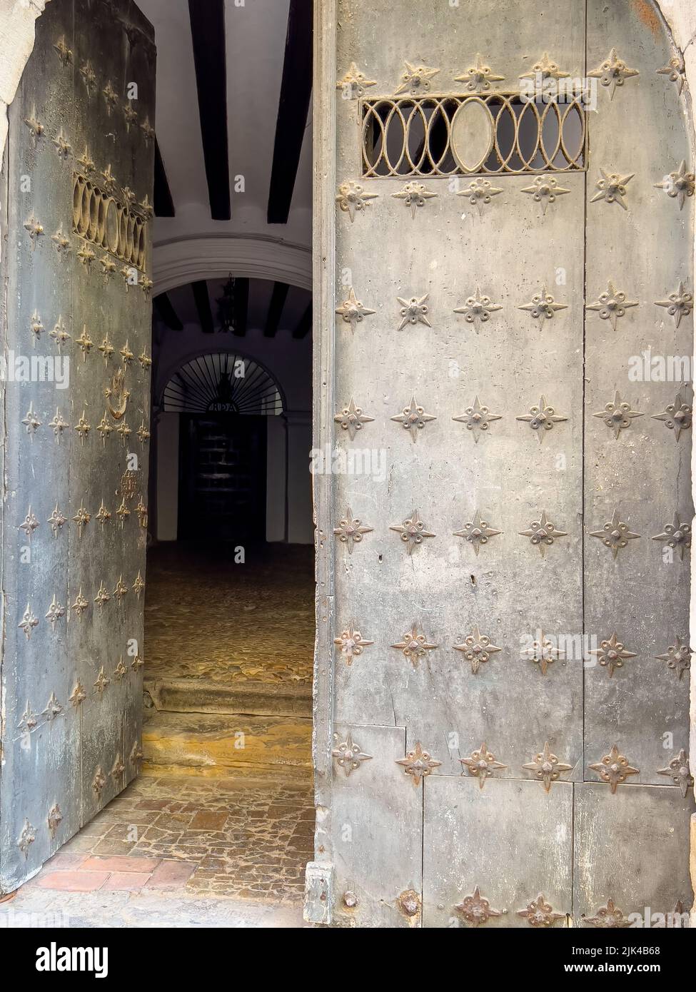 an open doorway off a street in Estella, a town in Spain Stock Photo