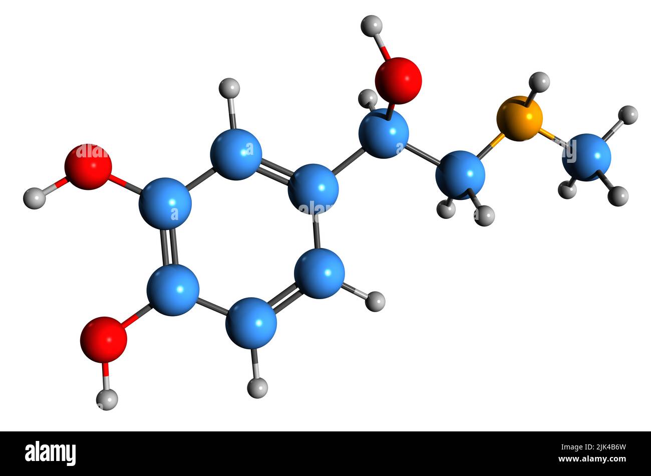 3D image of Epinephrine skeletal formula - molecular chemical structure of Adrenaline isolated on white background Stock Photo