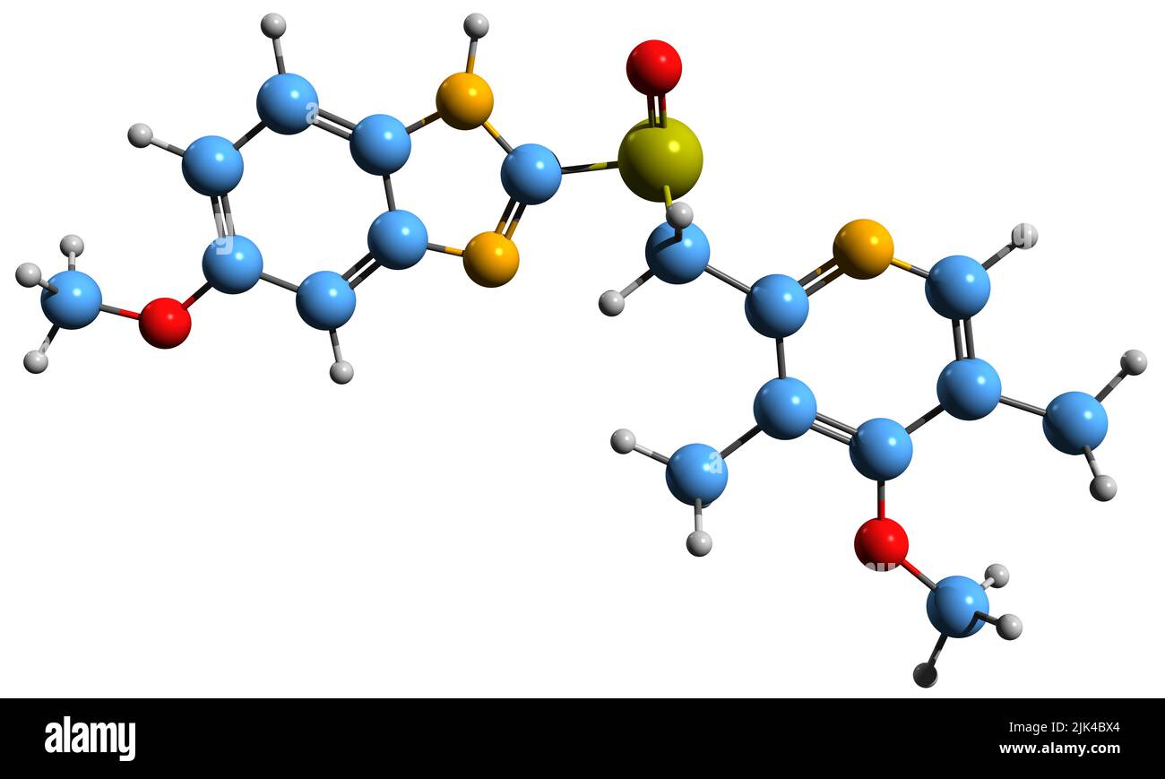 3D image of Esomeprazole skeletal formula - molecular chemical structure of  proton pump inhibitor isolated on white background Stock Photo