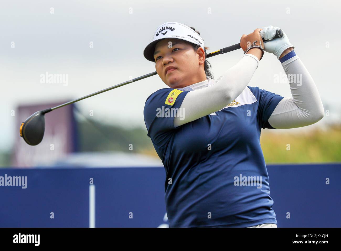 Irvine, UK. 30th July, 2022. The third round of the Trust Golf Women's Scottish Golf took place with 75 players making the cut. Heavy overnight rain from Friday into Saturday made for a softer and more testing course. Wichanee Meechai teeing off at the 12th. Credit: Findlay/Alamy Live News Stock Photo
