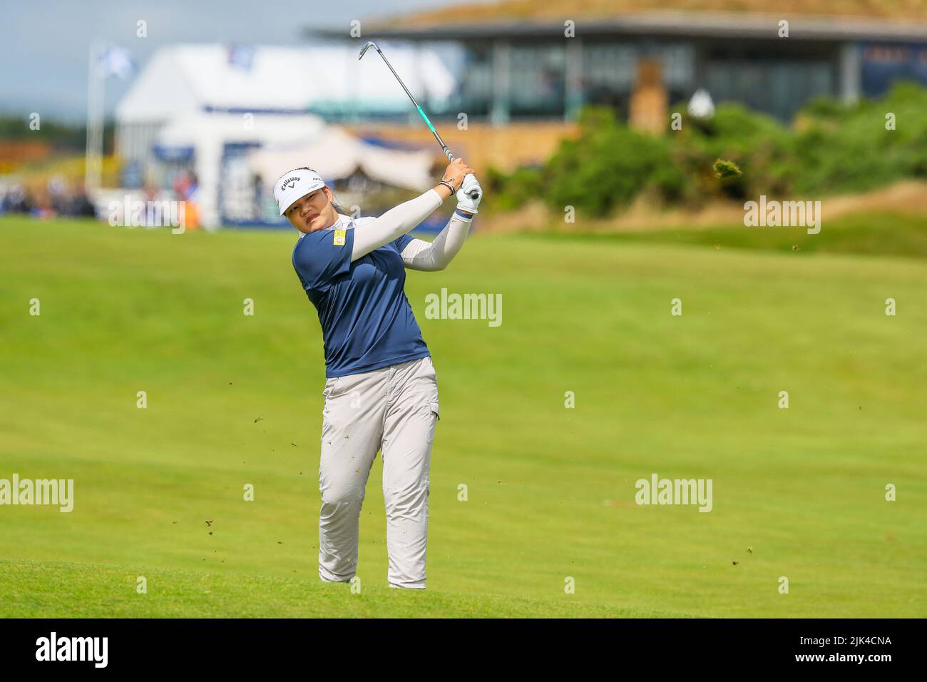 Irvine, UK. 30th July, 2022. The third round of the Trust Golf Women's Scottish Golf took place with 75 players making the cut. Heavy overnight rain from Friday into Saturday made for a softer and more testing course. Wichanee Meechai playing her second shot from the 10th fairway. Credit: Findlay/Alamy Live News Stock Photo