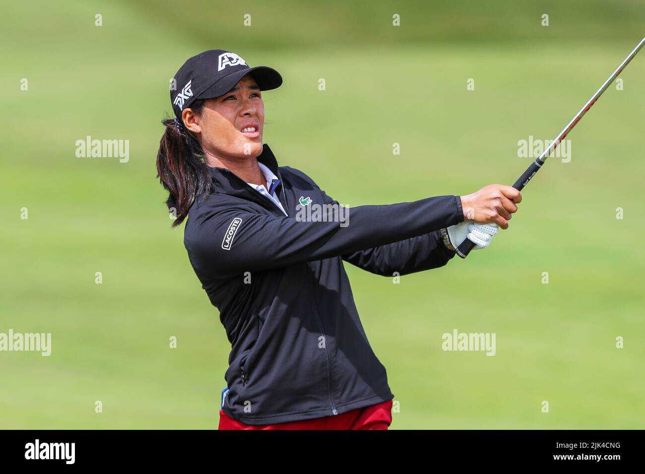Irvine, UK. 30th July, 2022. The third round of the Trust Golf Women's Scottish Golf took place with 75 players making the cut. Heavy overnight rain from Friday into Saturday made for a softer and more testing course. Celine Boutier playing her second shot on the 10th fairway. Credit: Findlay/Alamy Live News Stock Photo