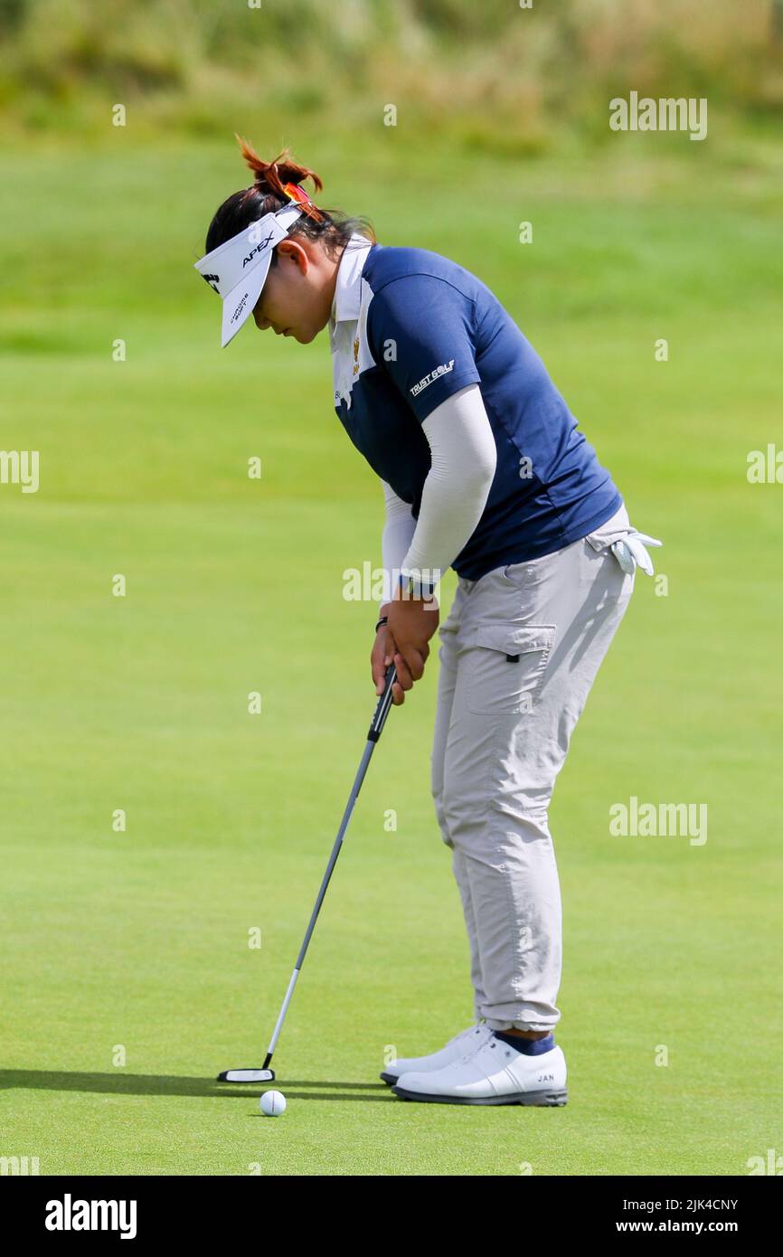 Irvine, UK. 30th July, 2022. The third round of the Trust Golf Women's Scottish Golf took place with 75 players making the cut. Heavy overnight rain from Friday into Saturday made for a softer and more testing course. Wichanee Meechai putting on the 10th green. Credit: Findlay/Alamy Live News Stock Photo