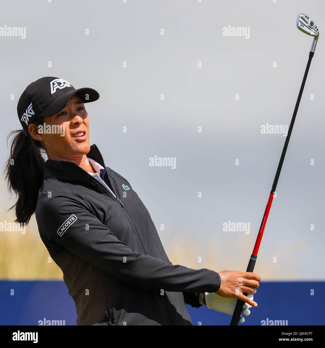 Irvine, UK. 30th July, 2022. The third round of the Trust Golf Women's Scottish Golf took place with 75 players making the cut. Heavy overnight rain from Friday into Saturday made for a softer and more testing course. Celine Boutier teeing off at the 11th. Credit: Findlay/Alamy Live News Stock Photo