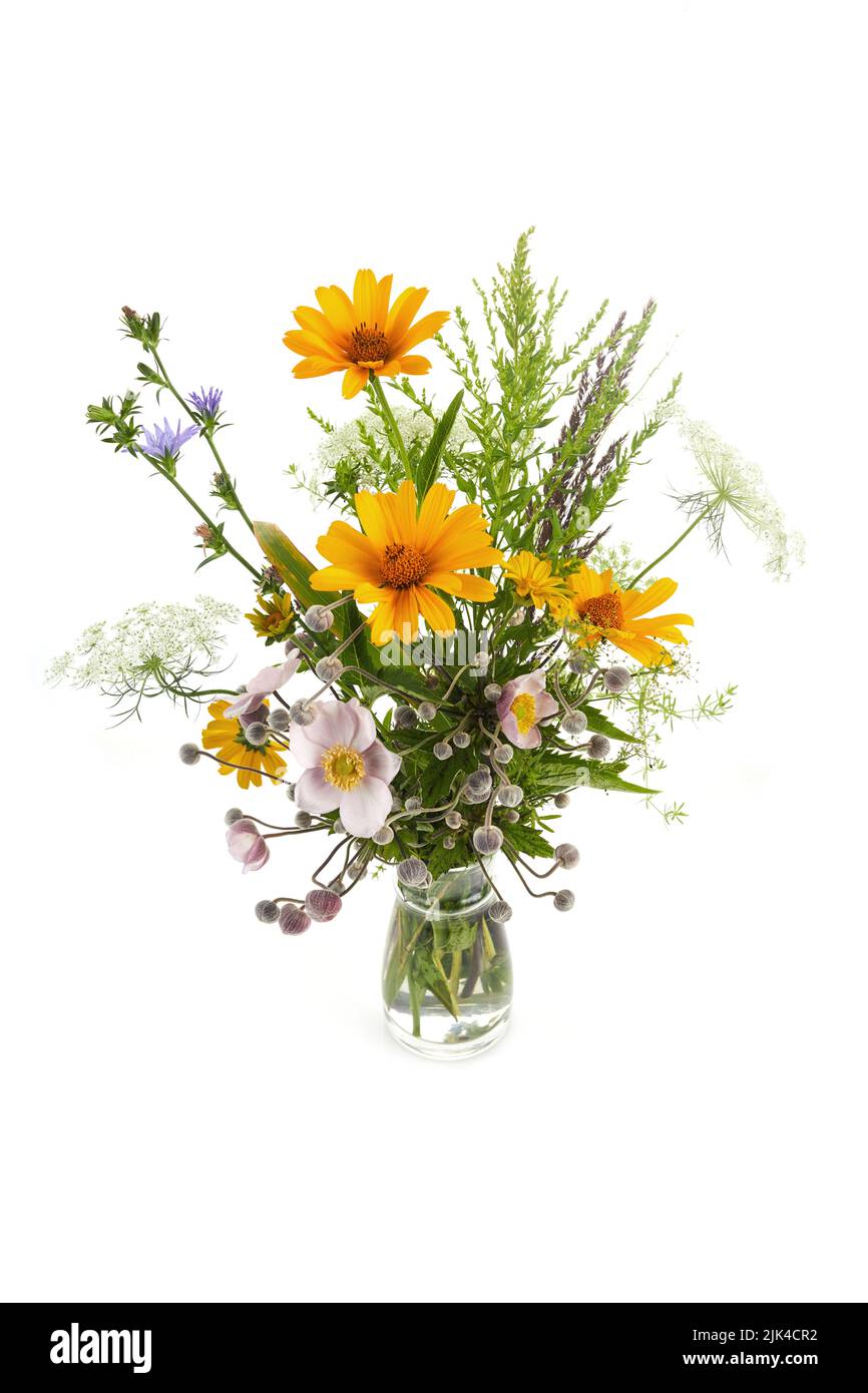 Beautiful bouquet of wildflowers isolated on white. Stock Photo