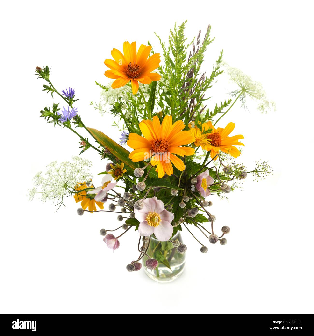 Beautiful bouquet of wildflowers isolated on white. Stock Photo