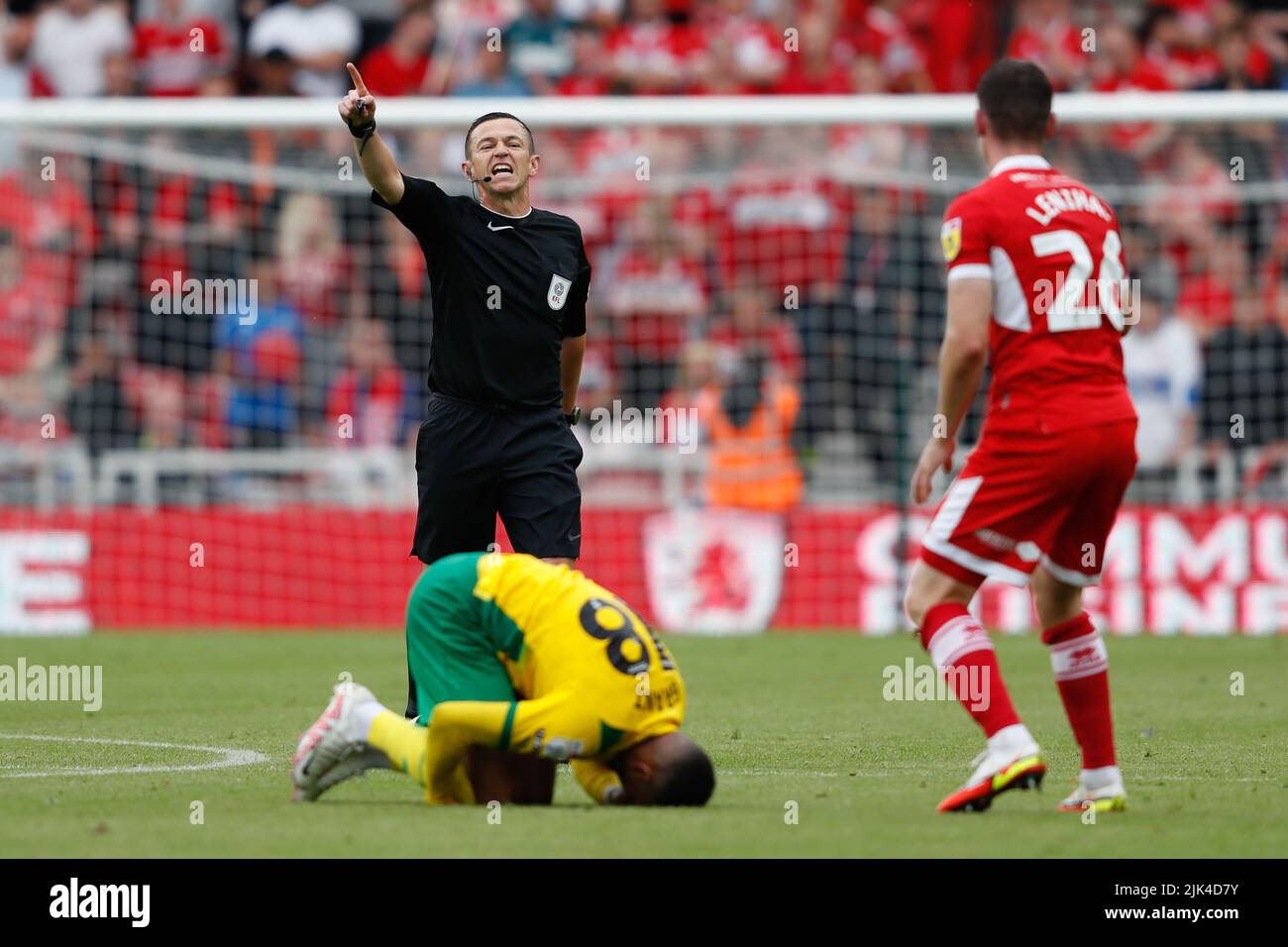 Referee Tony Harrington awards a foul during the Sky Bet Championship match at the Riverside Stadium, Middlesbrough. Picture date: Saturday July 30, 2022. Stock Photo