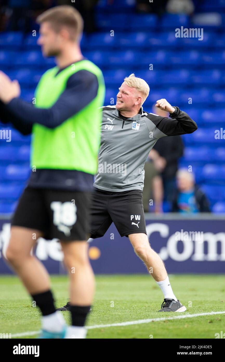 Stockport, UK. 30th July, 2022. Barrow AFC Manager Pete Wild celebrates