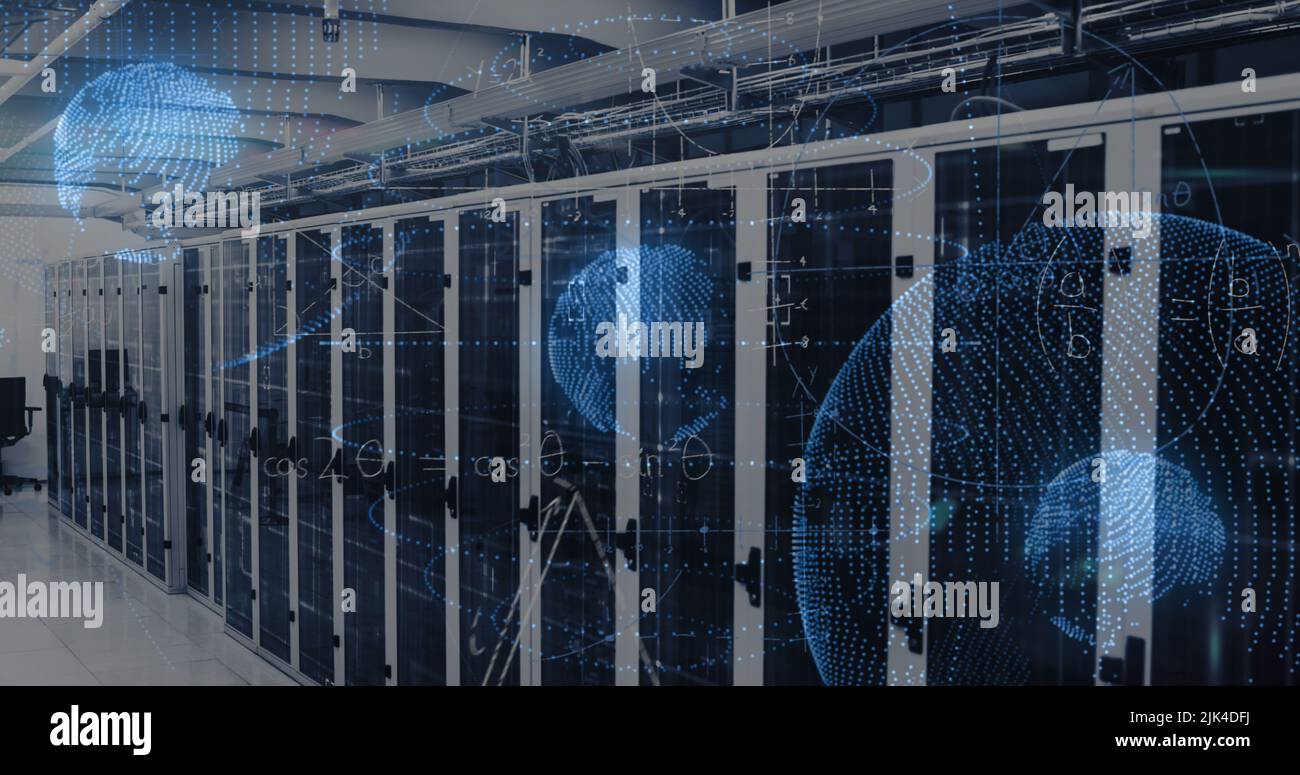 Image of data processing and globe over server room Stock Photo