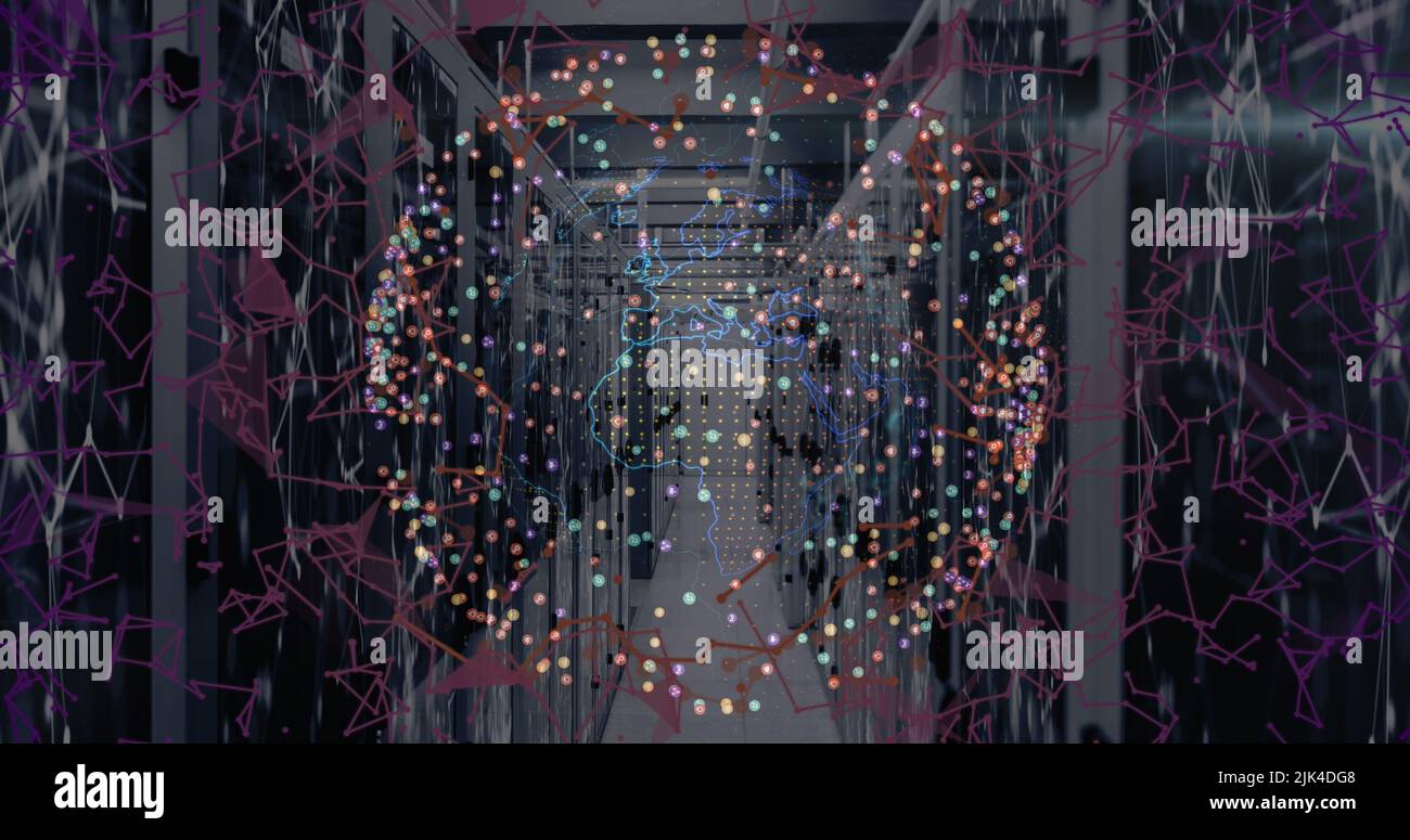 Image of data processing and globe over server room Stock Photo
