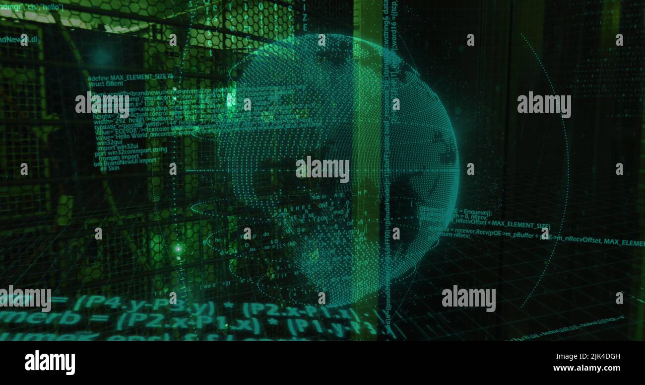 Image of data processing and globe over server room Stock Photo