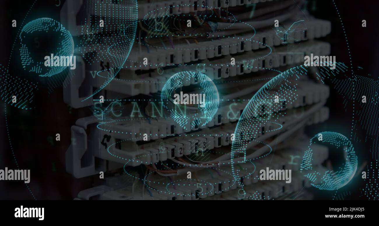 Image of data processing and globe over server room Stock Photo