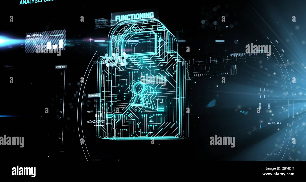 Image of data processing with padlock icon over light spots on black ...