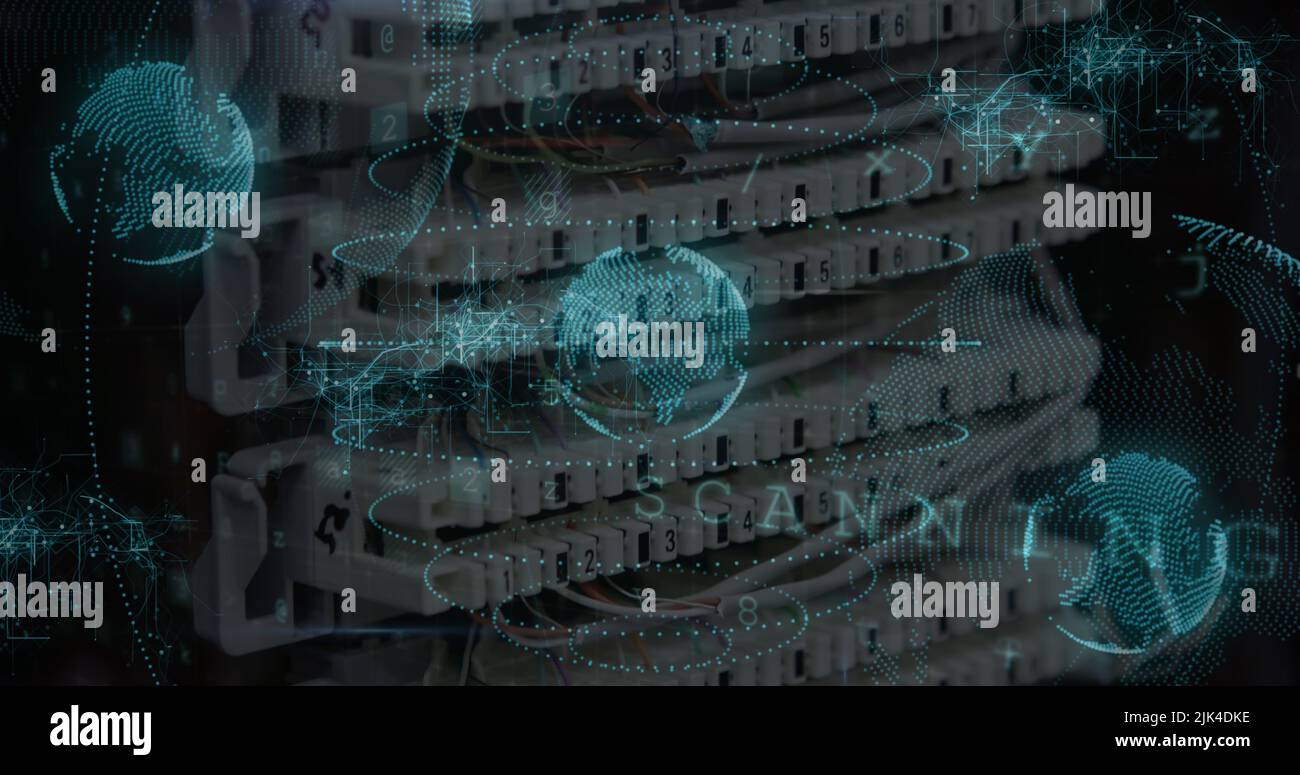 Image of data processing and globe over server room Stock Photo