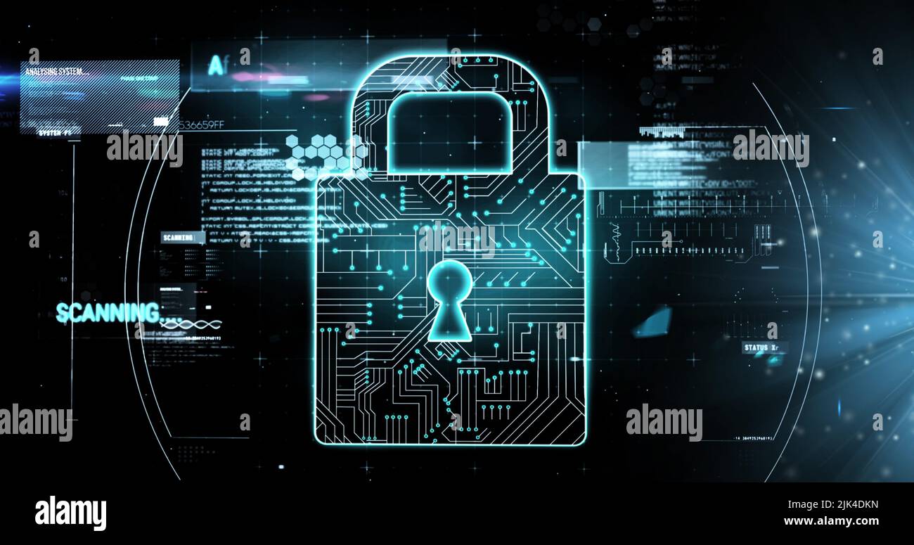 Image of data processing with padlock icon over light spots on black ...