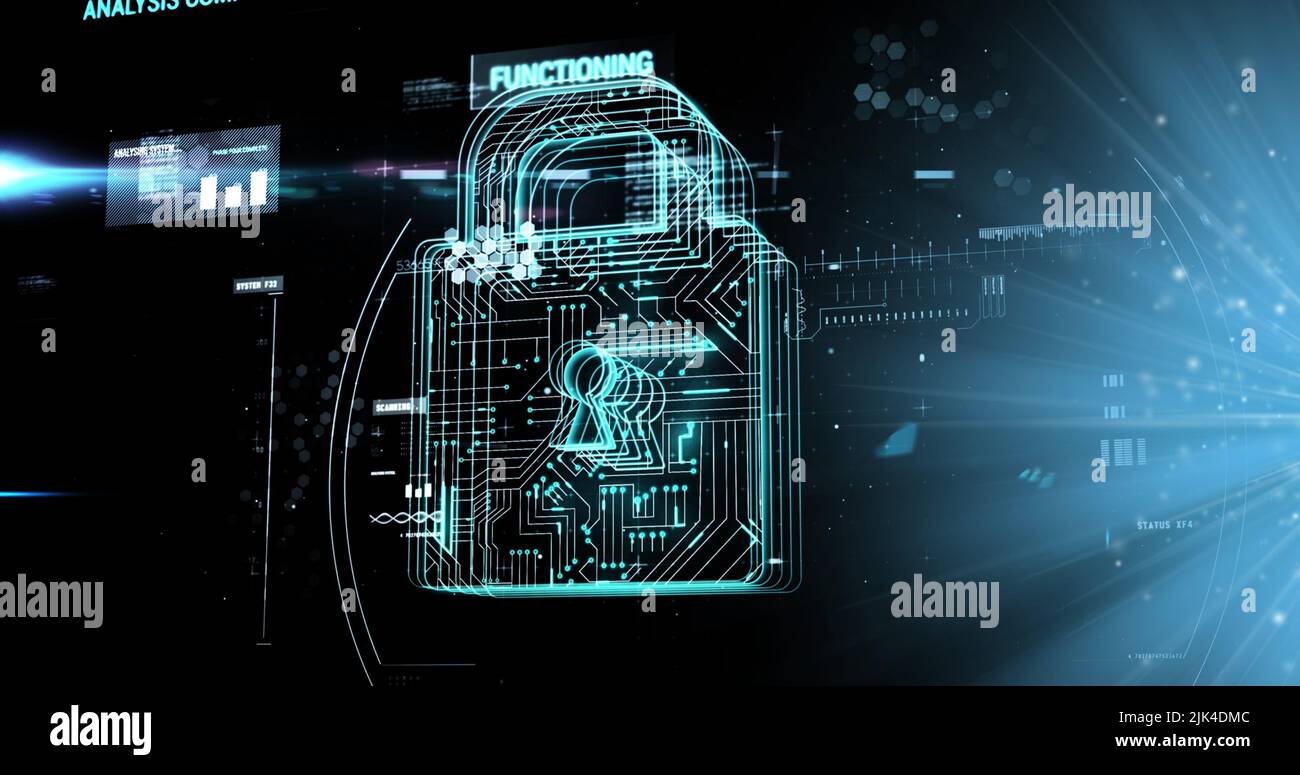 Image of data processing with padlock icon over light spots on black ...