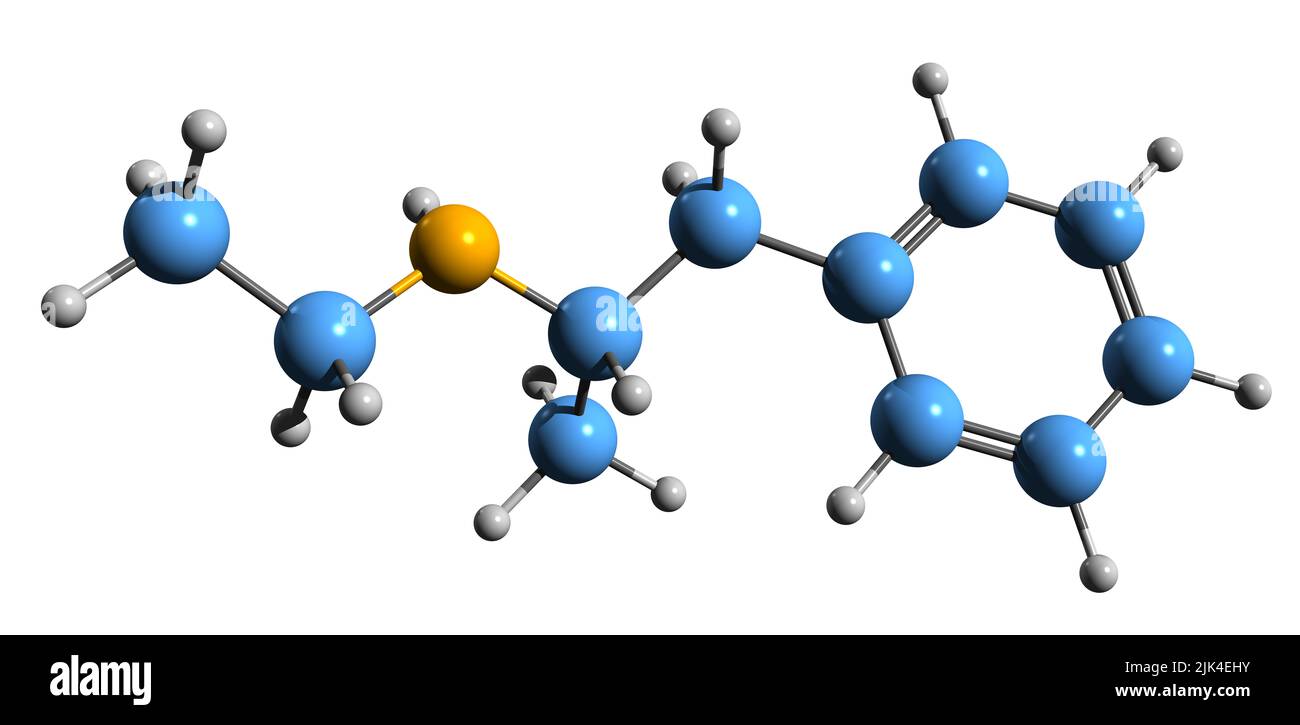 3D image of Etilamfetamine skeletal formula - molecular chemical structure of  stimulant drug isolated on white background Stock Photo