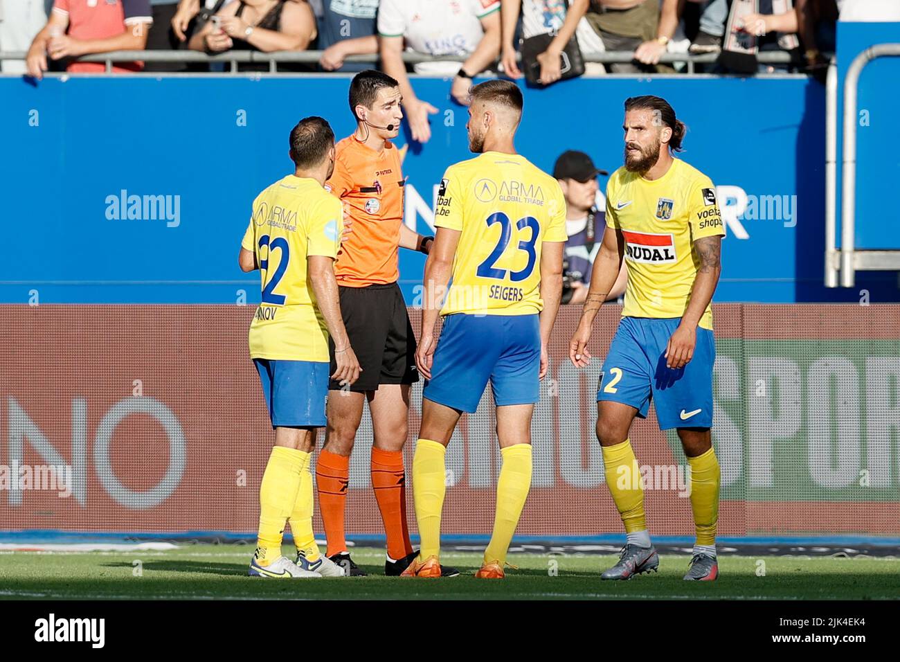 Westerlo's Pietro Perdichizzi receives a red card from the referee