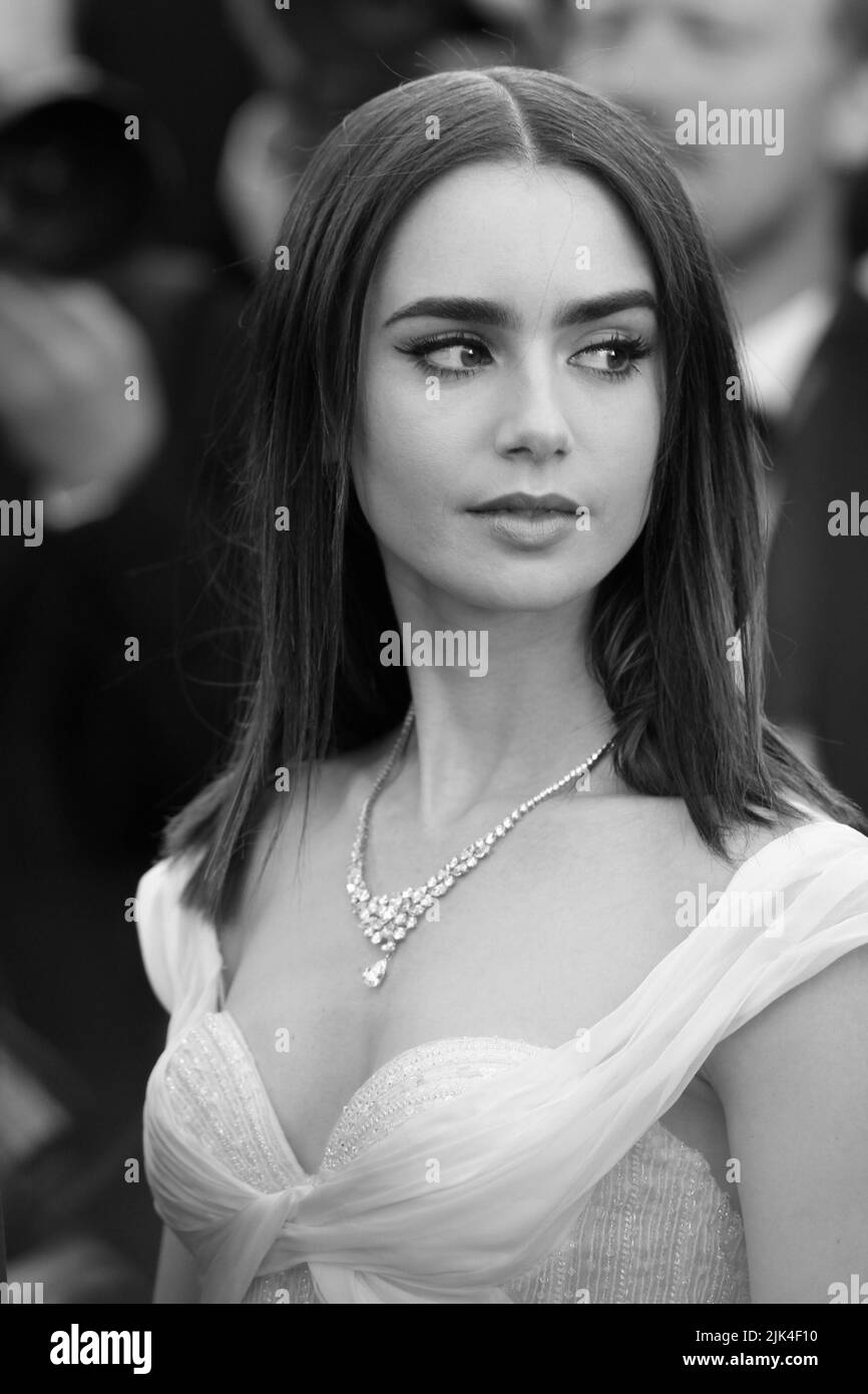 Lily Collins attends the Okja screening during the 70th annual Cannes Film Festival at Palais des Festivals on May 19, 2017 in Cannes, France. Stock Photo