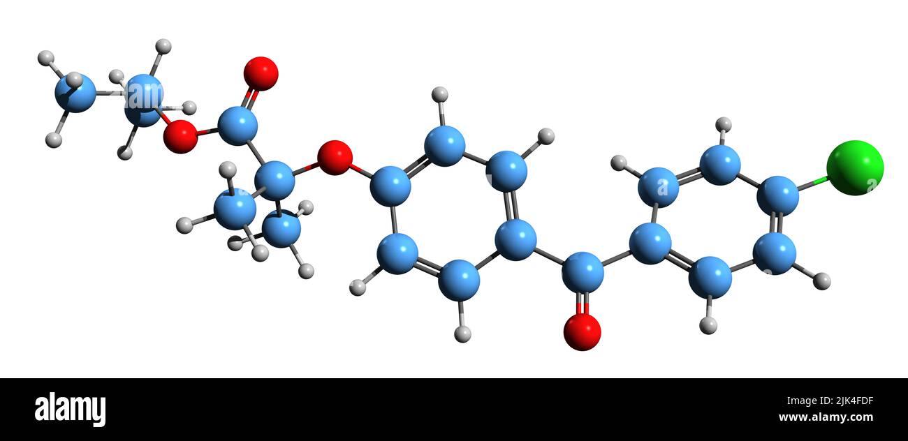 3D image of Fenofibrate skeletal formula - molecular chemical structure of Dyslipidemia medication isolated on white background Stock Photo