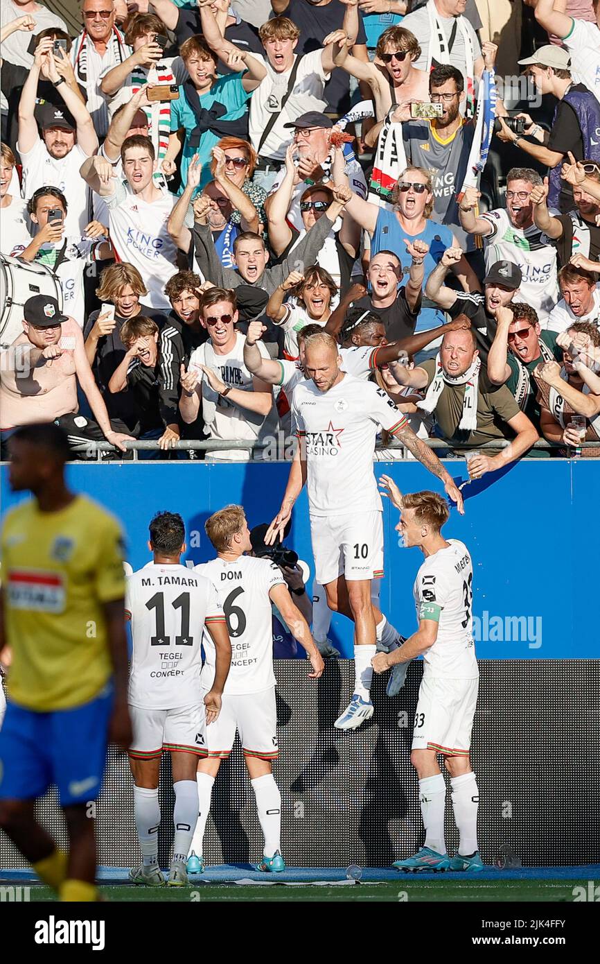 OHL's Raphael Holzhauser celebrates after scoring during a soccer match