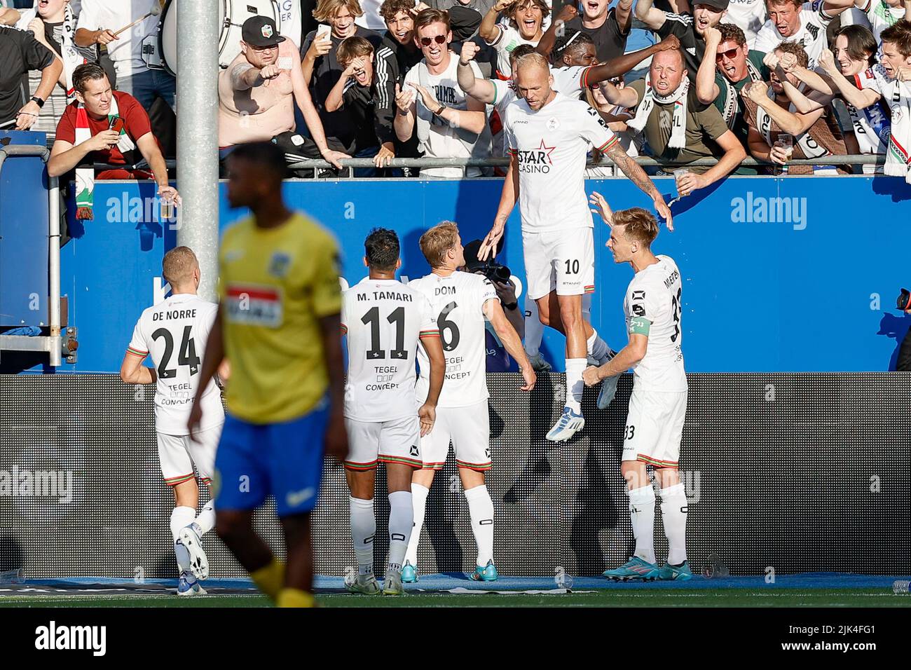 OHL's Raphael Holzhauser celebrates after scoring during a soccer match